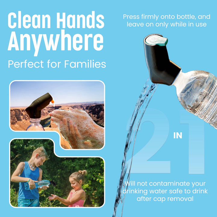 Refillable Caps, 2 Pack - Universal Fit Turns Most Disposable Water Bottles Into A Hand Washing Station - Includes Refillable Soap Reservoir - Conveniently Sized to Take on The Go - Black