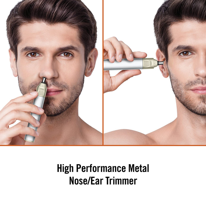 Man Nose Hair Trimmer for Men, For Nose, Ear, and Eyebrows, Patent 360 Bevel Blade for No Pull, No Snag Trimming Experience, Cordless High Performance Metal Trimmer
