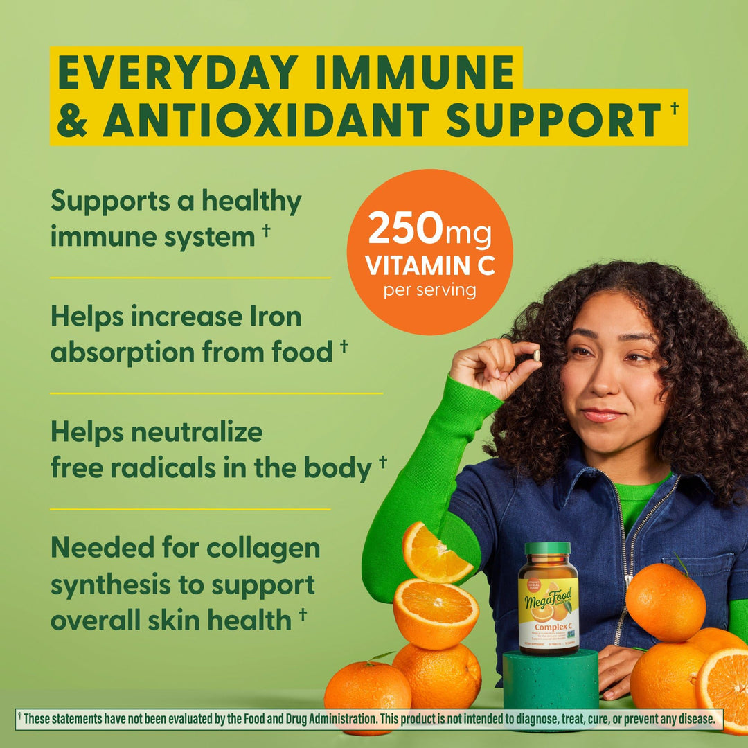 Complex C - Vegan Immune Support Supplement with Vitamin C 250 mg, Made with Real Food Including Orange, Cranberry & Brown Rice, Gluten-Free, Kosher - 90 Tablets, 90 Servings