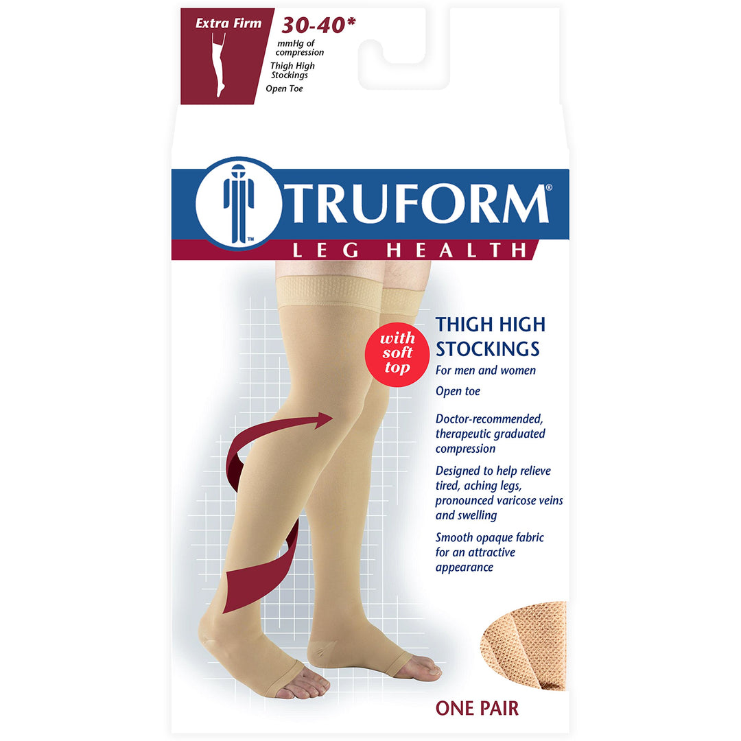 Truform Open Toe, Thigh High 30-40 mmHg Compression Stockings, Beige, Small