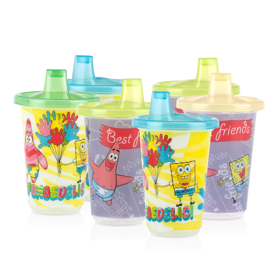 6 Pack Polypropylene Wash or Toss Reusable Cups & Lids with Spout, Nickelodeon SpongeBob SquarePants, 10 oz.