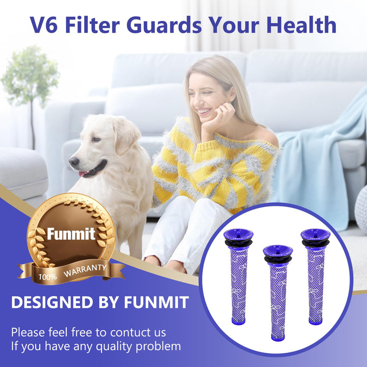 Pre Filters for Dyson V6 V7 V8 DC58 DC59 Vacuum Cleaner Replacements Part # 965661-01, 3 Pack Filters and 1 Cleaning Brush
