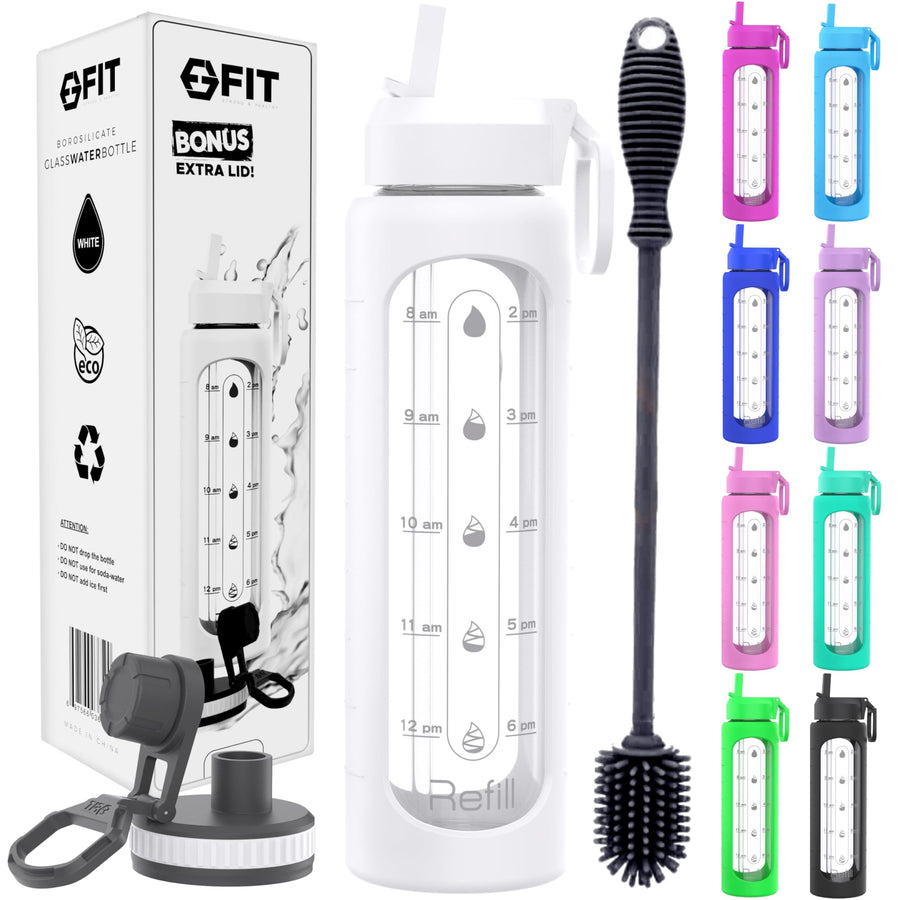 Glass Water Bottle with Time Marker Reminder 32 oz - EXTRA LID, Reusable, Wide Mouth, Leakproof, 1 Liter Glass Drinking Bottle, Large Motivational Water Bottle, Waterbottle (White, Cleaning Brush)