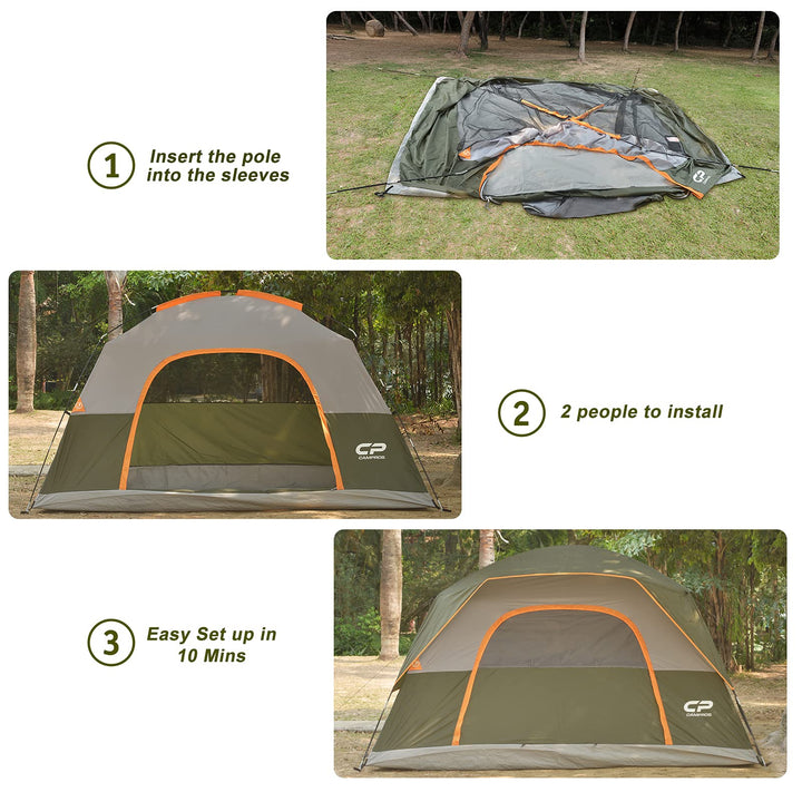 Tent 8 Person Camping-Tents, Waterproof Windproof Family Dome Tent with Top Rainfly, Large Mesh Windows, Double Layer, Easy Set Up, Portable with Carry Bag - Olive