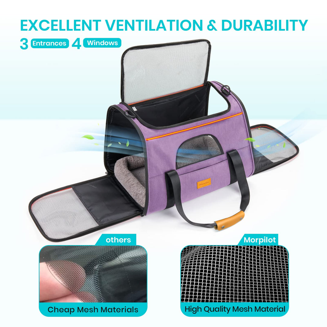 Portable Cat Carrier - Soft Sided Cat Carrier for Medium Cats and Puppy up to 15lbs, Pet Carrier with Locking Safety Zippers, Foldable Bowl, Airline Approved Travel Dog Carrier - Light Purple