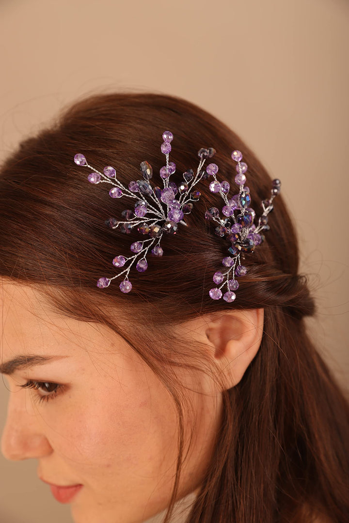 2PCS Boho Blue Crystal Hair Pins for Women and Girls Wedding Bridal Silver Hair Piece Set (Blue)