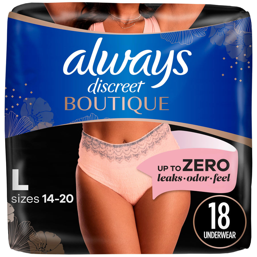 Boutique Adult Incontinence & Postpartum Underwear for Women, Maximum Protection, Peach, Large, 18 Count (Packaging May Vary)