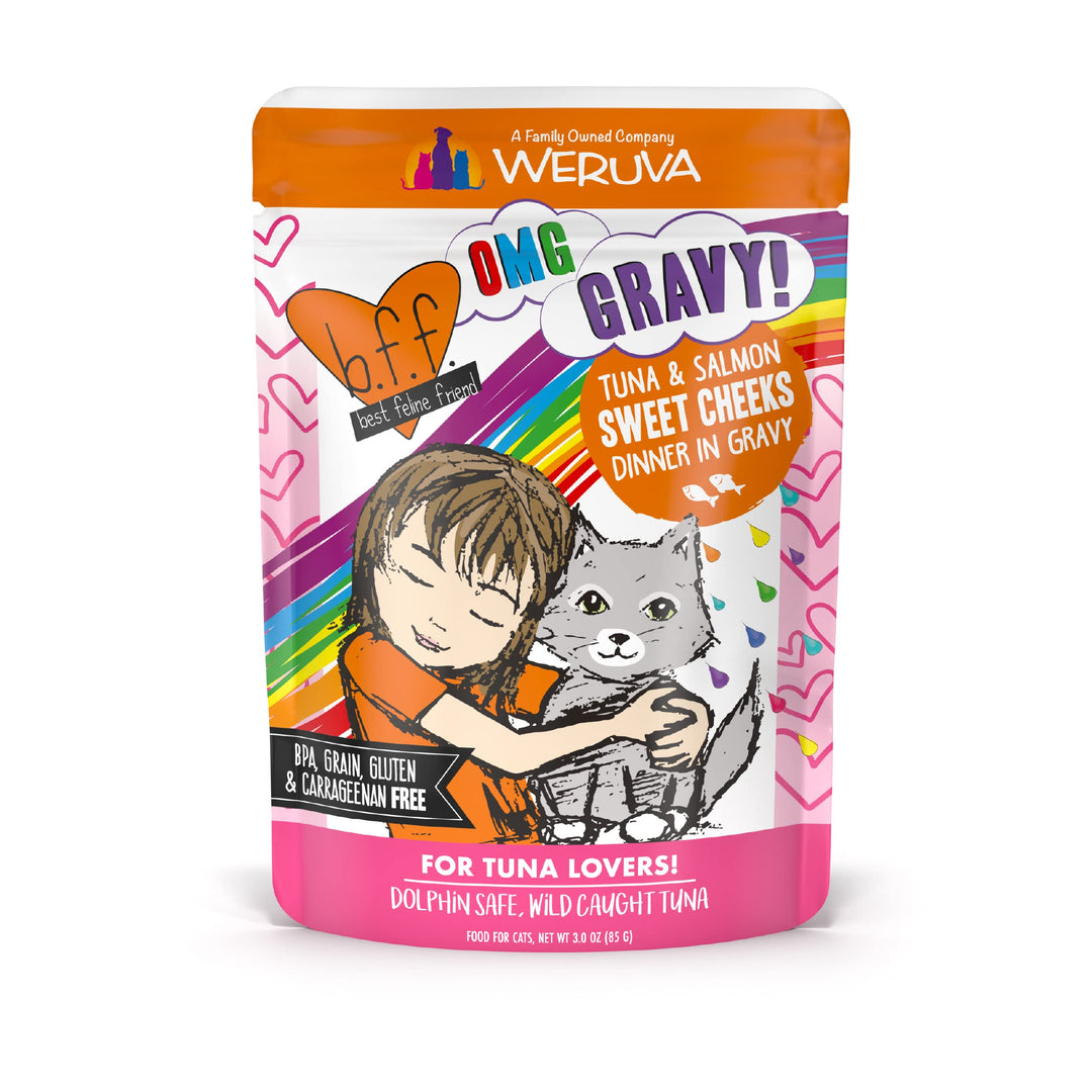 B.F.F. OMG - Best Feline Friend Oh My Gravy!, Tuna & Salmon Sweet Cheeks with Tuna & Salmon in Gravy Cat Food, 3oz Pouch (Pack of 12)