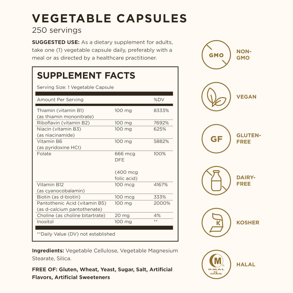 B-Complex 100, 250 Vegetable Capsules - Heart Health - Nervous System Support - Supports Energy Metabolism - Non-GMO, Vegan, Gluten Free, Dairy Free, Kosher, Halal - 250 Servings