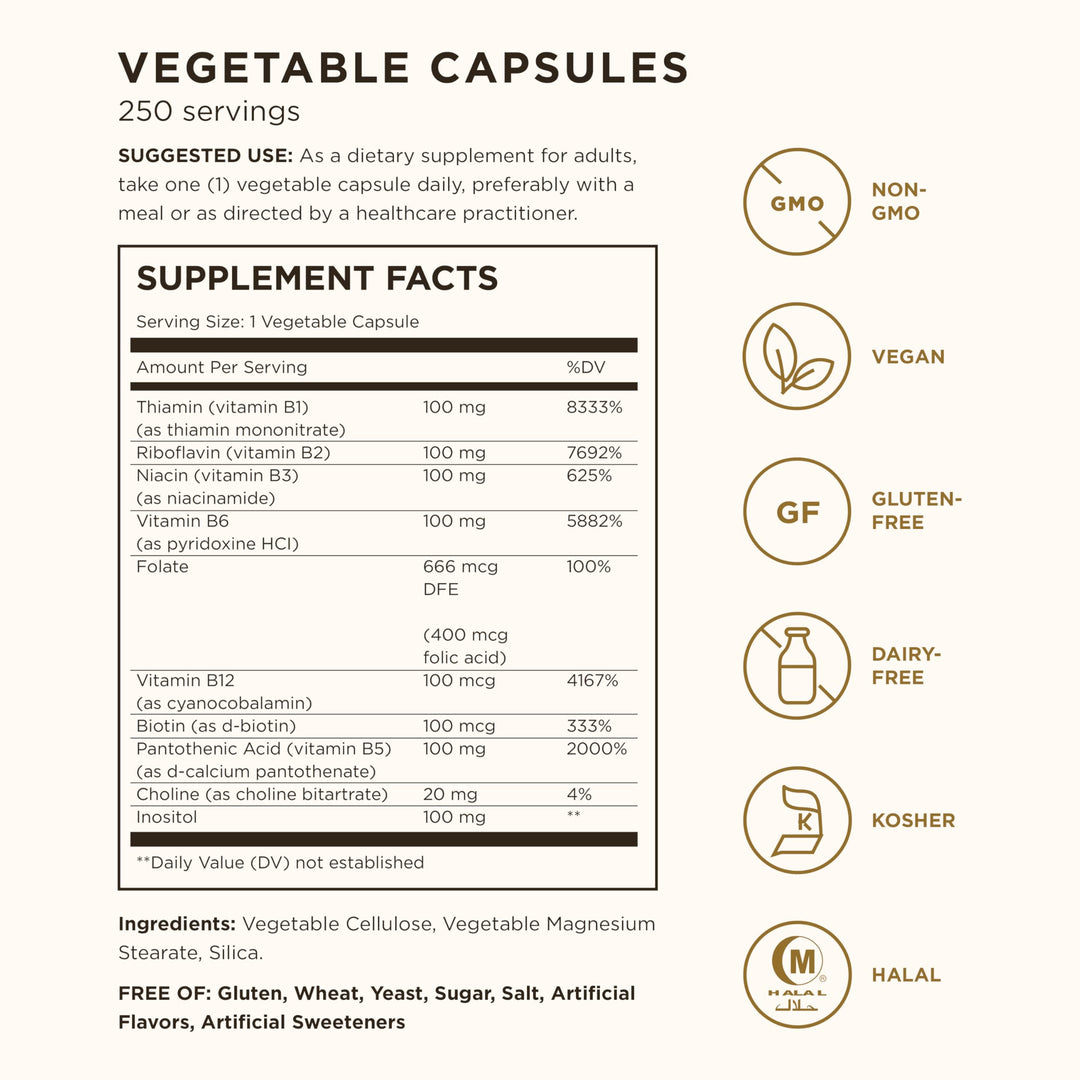 B-Complex 100, 250 Vegetable Capsules - Heart Health - Nervous System Support - Supports Energy Metabolism - Non-GMO, Vegan, Gluten Free, Dairy Free, Kosher, Halal - 250 Servings
