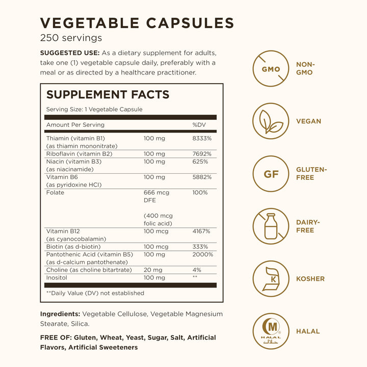 B-Complex 100, 250 Vegetable Capsules - Heart Health - Nervous System Support - Supports Energy Metabolism - Non-GMO, Vegan, Gluten Free, Dairy Free, Kosher, Halal - 250 Servings