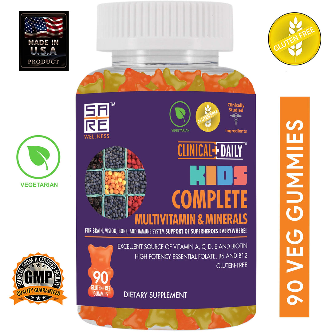 Complete Kids Multivitamin Daily Gummy Supplement for Brain, Vision, Bone and Immune Health. Vitamins A, C, E,D,B6,B12, Folate, Biotin, Essential Minerals. 90 Gluten Free Yummy Gummies