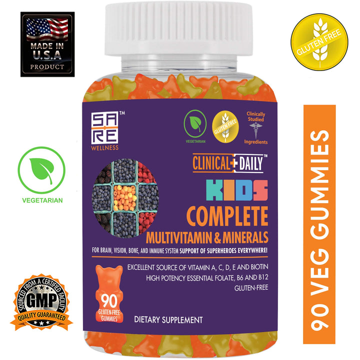 Complete Kids Multivitamin Daily Gummy Supplement for Brain, Vision, Bone and Immune Health. Vitamins A, C, E,D,B6,B12, Folate, Biotin, Essential Minerals. 90 Gluten Free Yummy Gummies