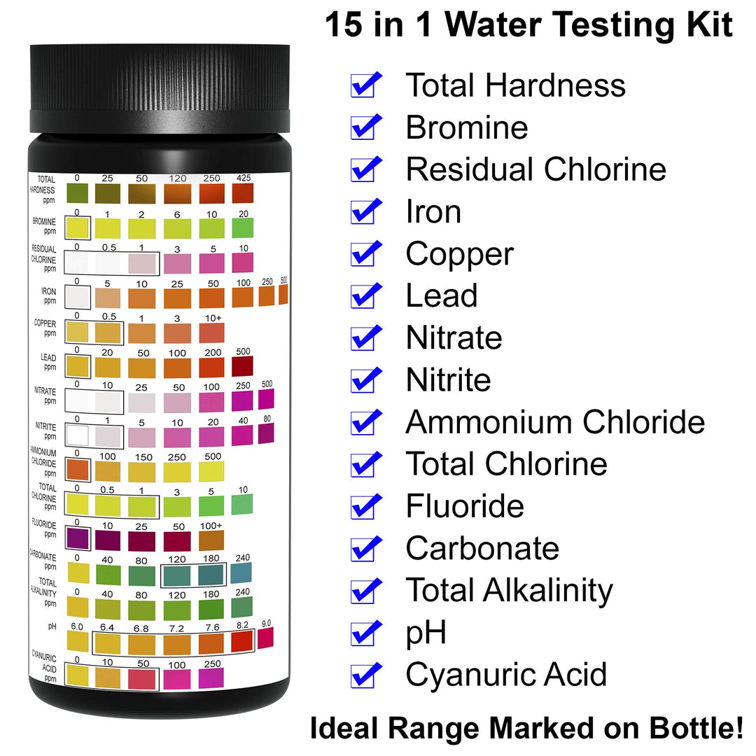 Drinking Water Test Kit - 15-in-1 Chlorine Drinking Water Test Strips with eBook - Lead Testing Kits for Drinking Water - Test Iron, Bromine, pH, Hardness, and More - 100 Tests -