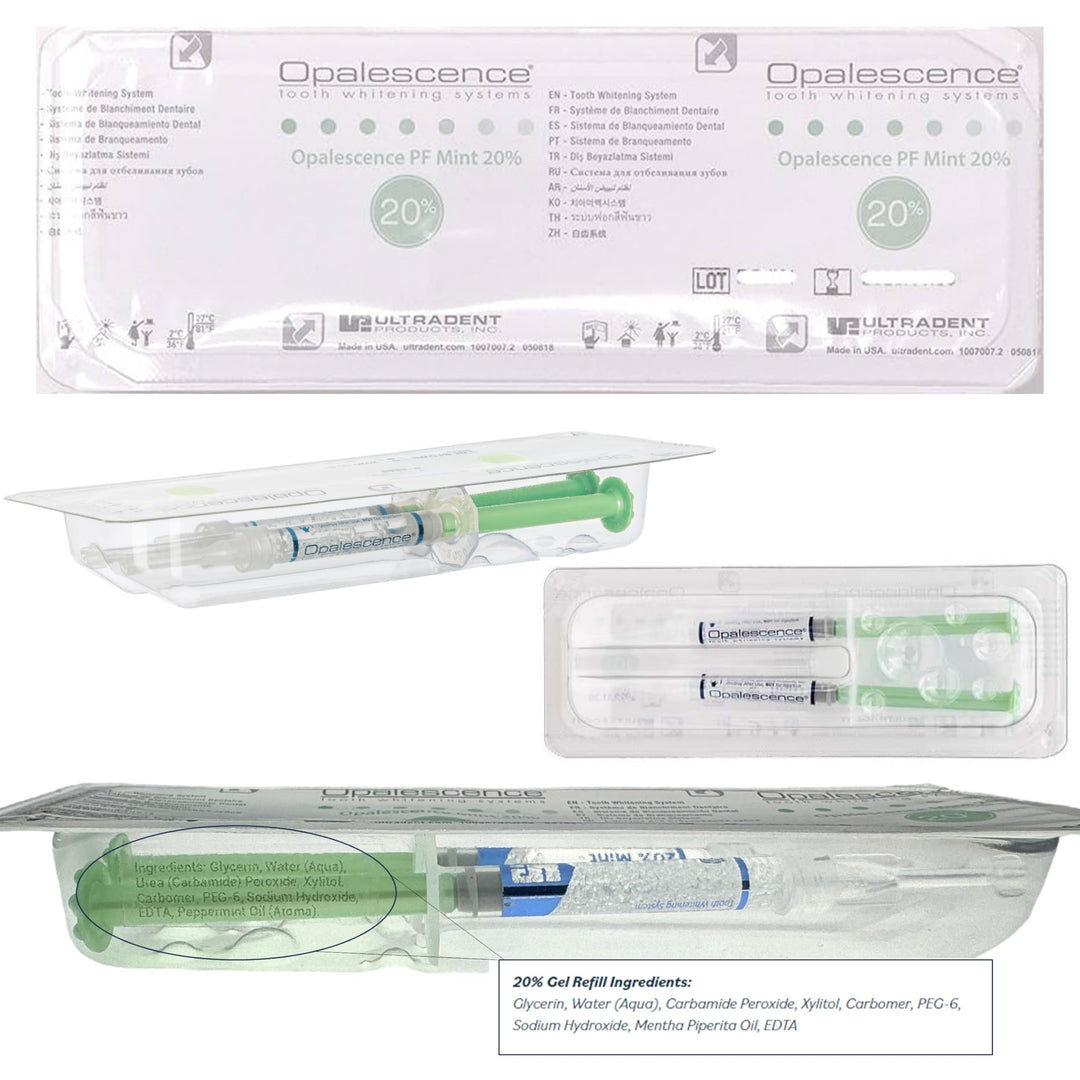 20% Teeth Whitening Refill Kit (2 Packs / 4 Syringes) Carbamide Peroxide. Made by Ultradent, in Mint Flavor. Tooth Whitening Refill Syringes - B-5196-4