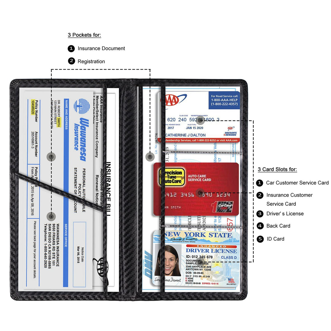 Car Registration and Insurance Card Holder, Vehicle License Document Glove Box Compartment Organizer, Interior Car Accessories for Women Men Teens (Carbon Fiber Black)