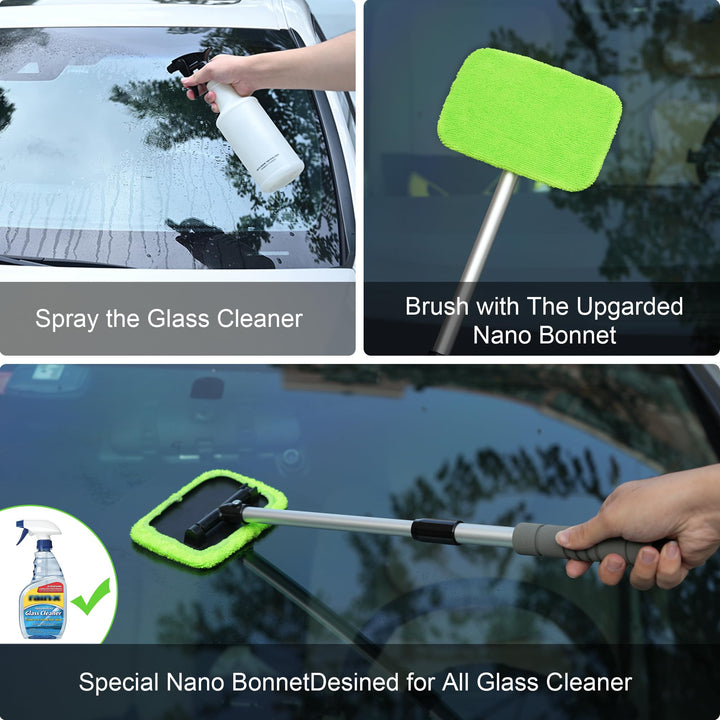 XINDELL Car Window Cleaner - Windshield Glass Cleaning Tool with Extendable Handle, Reusable Microfiber Pads Cloth for Car Interior & Exterior, Streak-Free Auto Glass Cleaner (Green)