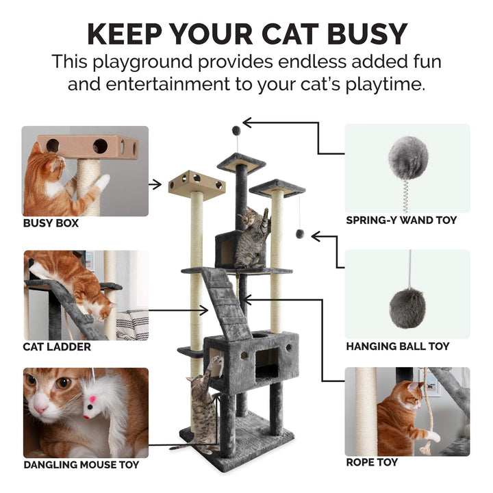 69.3 Tall Cat Tree for Indoor Cats, Ft. Sisal Scratching Posts, 2x Cat Condos, & Toys - Tiger Tough Double Decker Interactive Playground Tower - Silver Gray, One Size