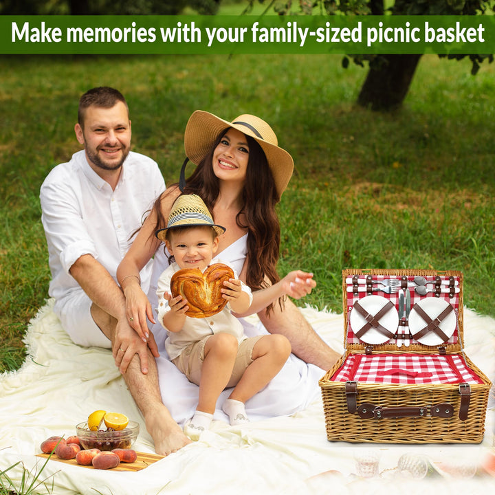 Picnic Basket, Wicker Basket with Handle for Outdoors, Insulated Woven Basket, Includes a Service Kit of Dinnerware & Wine Glasses, Picnic Basket Set for 4, Red & White