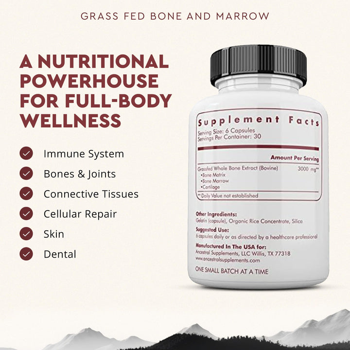 Grass Fed Beef Bone and Marrow Supplement, 3000mg, Skin, Oral Health, and Joint Support Supplement, Promotes Whole-Body Wellness, Non GMO Whole Bone Extract, 180 Capsules