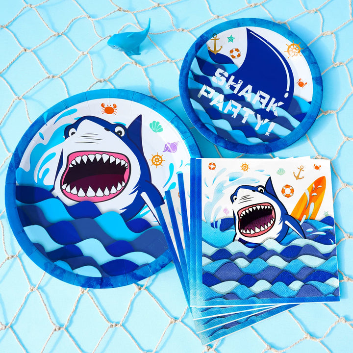 Shark Party Supplies - Blue Ocean Shark Tableware Set for Boys Birthday Baby Shower Pool Party Dinner Dessert Plates and Napkins Serves 16 Guests 48 Pieces