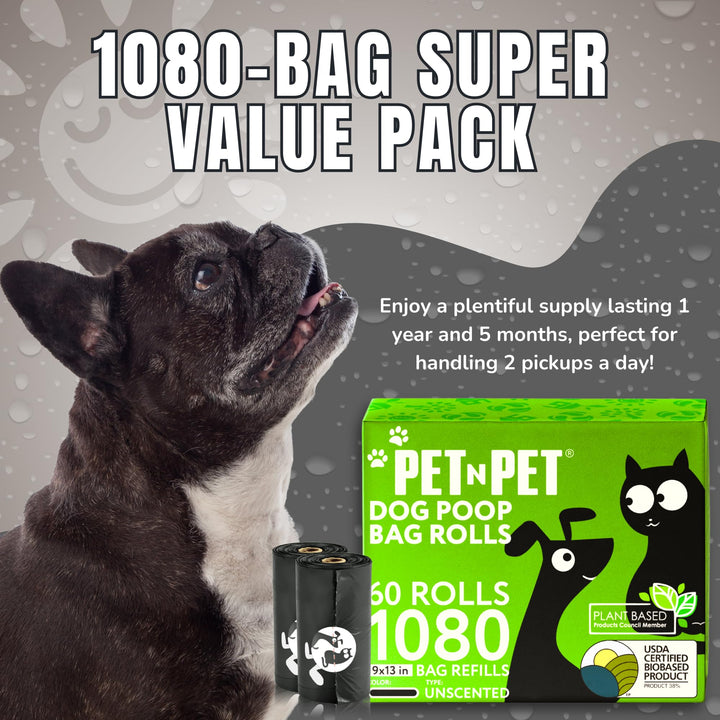 Pet N Pet 1080 Counts Poop Bags for Dogs, 38% Plant Based & 62% PE Extra Thick, Green Dog Poop Bags Rolls, 9 x 13, Unscented Pet Waste Bag