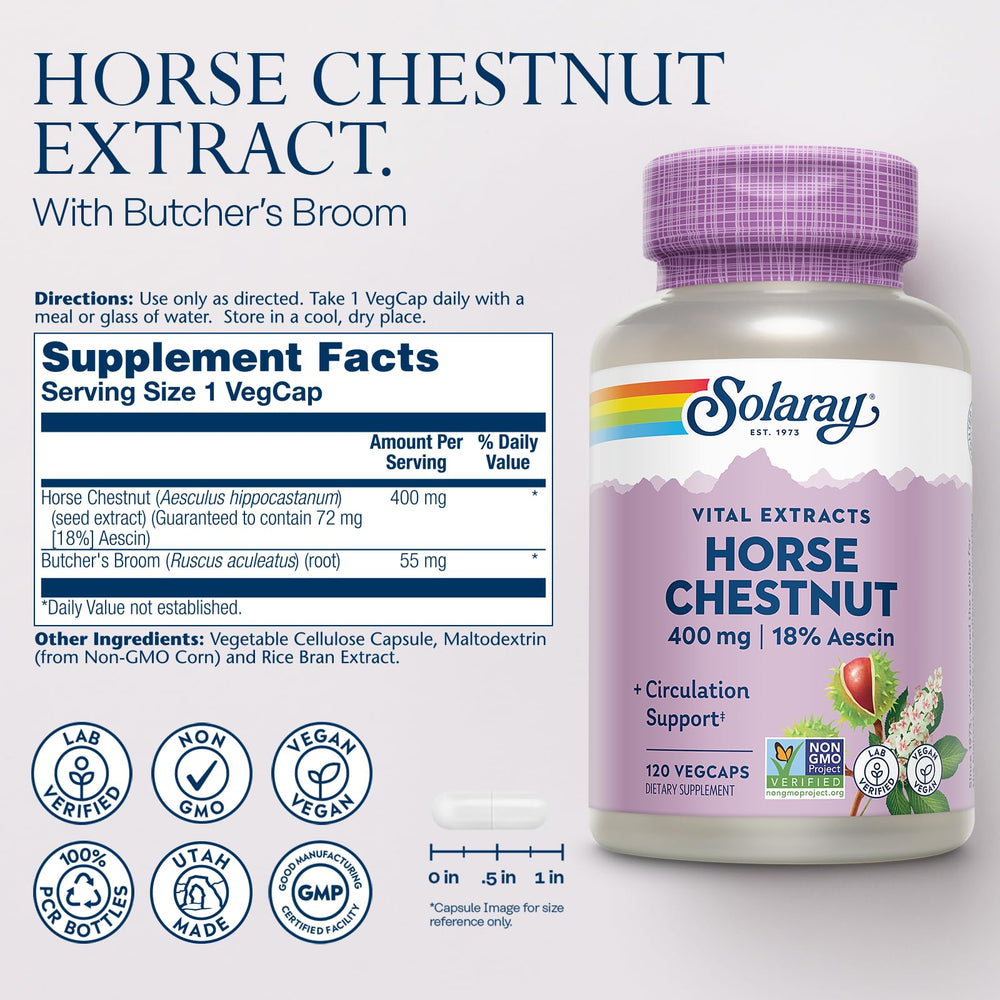 Horse Chestnut Extract 400 mg - Standardized to 72 mg Aescin - with 55 mg of Butchers Broom - Vein and Blood Circulation Supplements - Vegan, Non-GMO, 60-Day Guarantee, 120 Serv, 120 VegCaps
