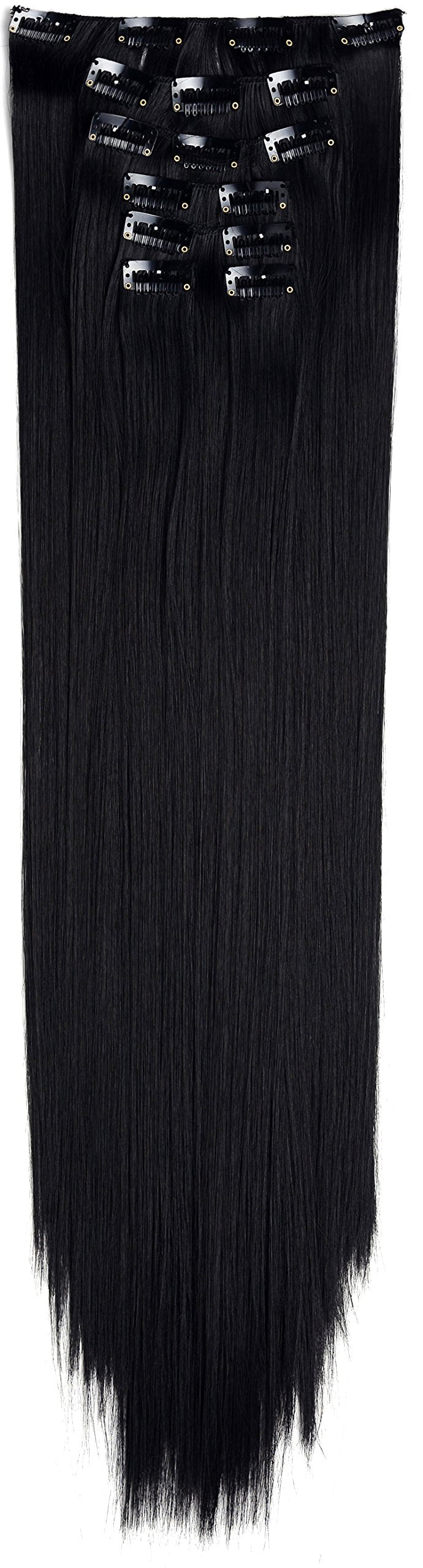 24 Straight Full Head Clip In Synthetic Hair Extensions 7pcs 140g (1b Off Black)
