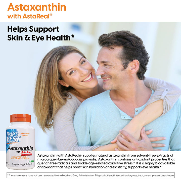 Doctor's Best Astaxanthin, Powerful Antioxidant, Skin, Eye Health, Non-GMO, Gluten Free, Vegan, Soy Free, 6 mg, 90VSG