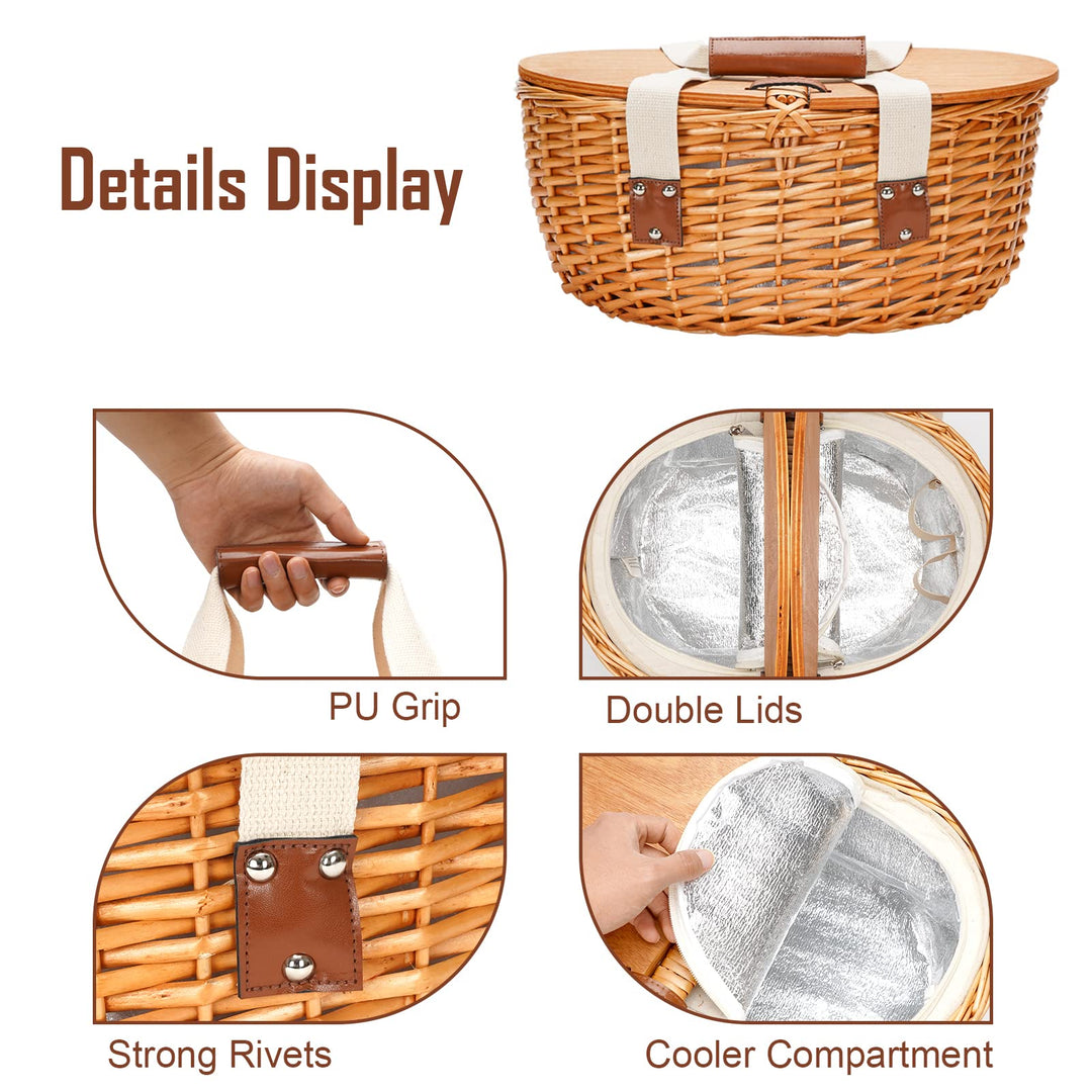 Wicker Cooler Picnic Basket Set for 2 with Double Wooden Lids & Handles, Country Style Insulated Cooler Bag with Cutlery Service Kits, Willow Picnic Hamper Basket W/Lining for Camping, Party, Wedding