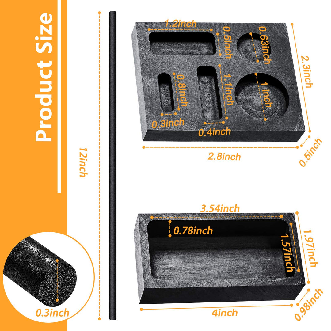 4 Pieces Graphite Ingot Mold Stir Rod Stick Set, 5-in-1 Graphite Casting Ingot Mold Coin Combo Metal Refining Scrap Mold, 1 KG Graphite Ingot Crucible Mould, 2 Graphite Stir Rod Stick for Melting