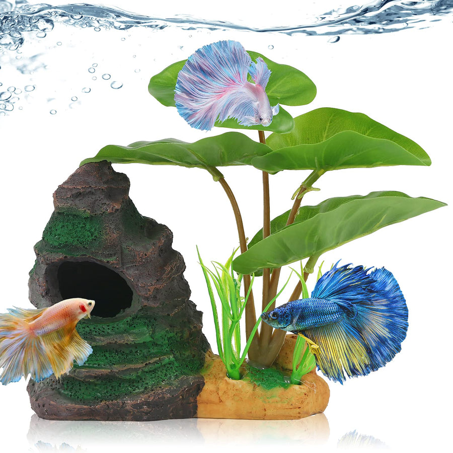 Betta Fish Leaf Pad Hammock Aquarium Decoration Cichlid Fish Tank Resin Rock Mountain Cave Ornaments Fish Bowl Decorations for Sleeping Resting Hiding Playing Breeding