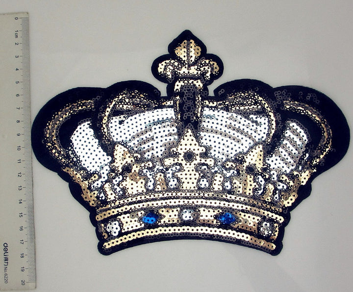 Big Crown Embroidered Patch with Sequins Sew on/Iron on Patch Applique Clothes Curtain Sewing Flowers Applique Home Wedding Party Decoration DIY Accessory (Crown)