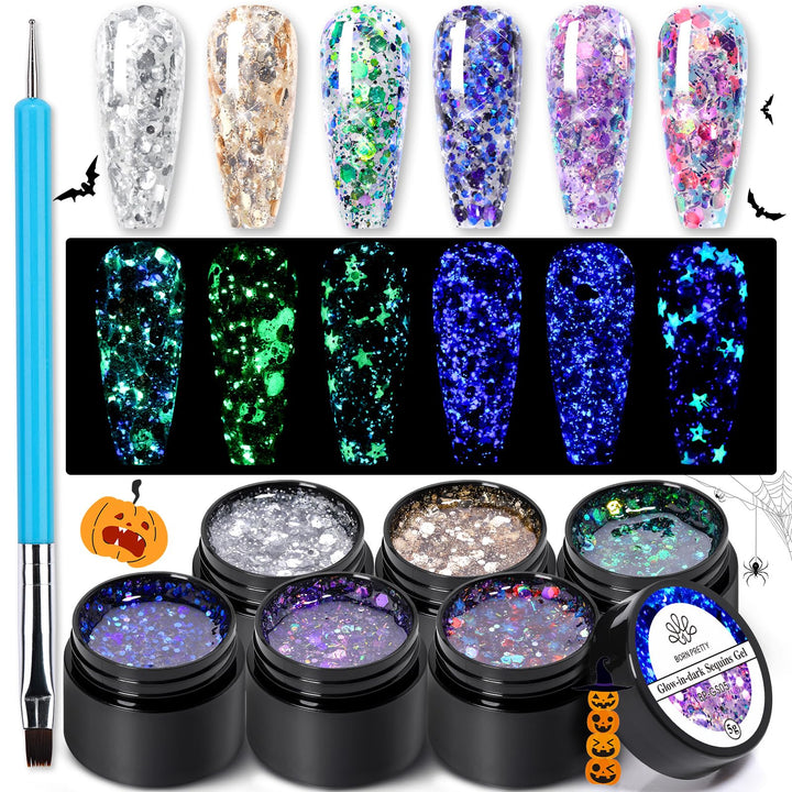 Glitter Gel Nail Polish Halloween Glow in The Dark Luminous Nail Polish Sparkly Shiny Gel Polish Kit with Nail Brush Soak Off Nail Polish Home DIY Manicure Varnish Halloween's Gift