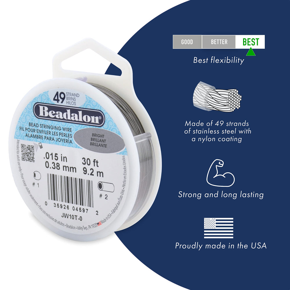 49 Strand Stainless Steel Bead Stringing Wire, .018 in / 0.46 mm, White, 30 ft / 9.2 m