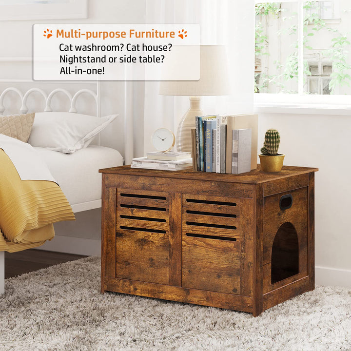 Litter Box Furniture, Flip Top Hidden, Washroom with Louvered Window, Entrance Can Be on Left/Right Side, Enclosed Litter House Side Table for Most of Cat and Litter Box, Rustic Brown