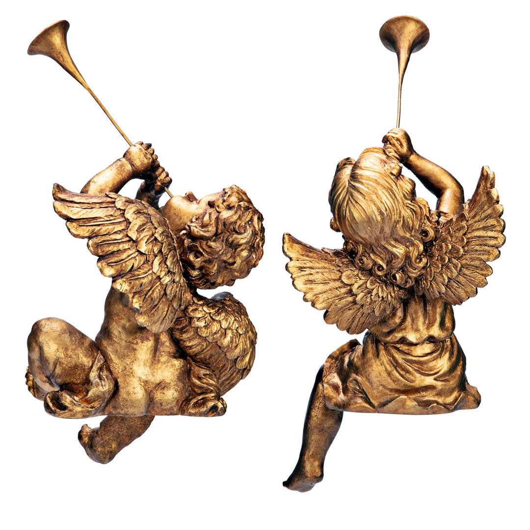 Christmas Decorations-Trumpeting Boy and Girl of St. Peters Square-Holiday Angel Statue, Set of 2, Gold, 2 Count