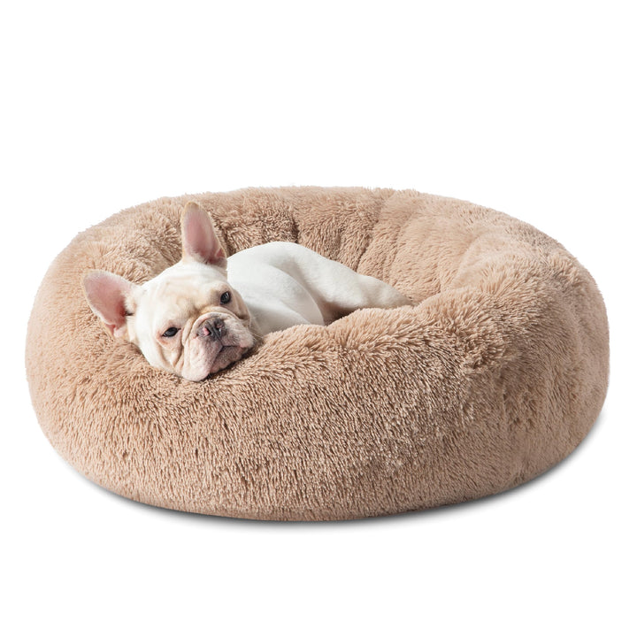 Calming Dog Bed for Medium Dogs - Donut Washable Medium Pet Bed, 30 inches Anti-Slip Round Fluffy Plush Faux Fur Cat Bed, Fits up to 45 lbs Pets, Camel