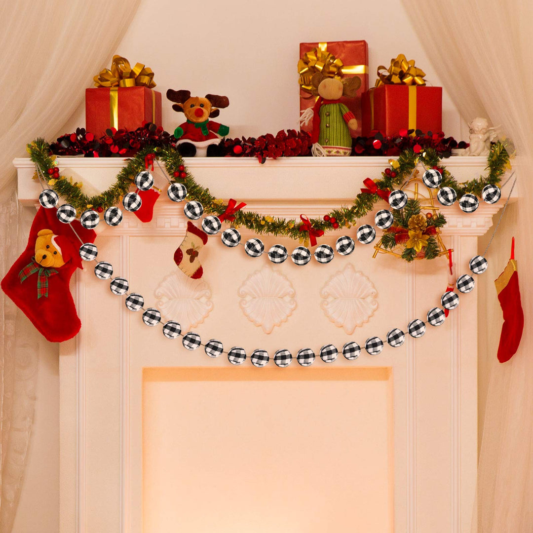 2 Pieces Christmas Buffalo Plaid Ball Garland Christmas Ball Strings Christmas Pom Pom Garland 25 mm 40 Balls for Christmas Wall Fireplace Christmas Tree (Black and White Plaid)