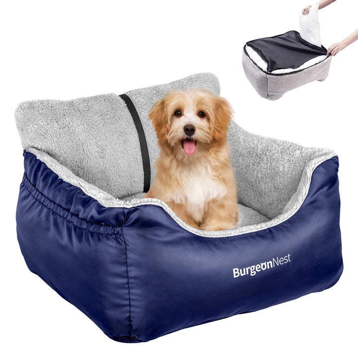 Dog Car Seat for Small Dogs, Fully Detachable and Washable Cat Carseats Under 25 lbs, Soft Pet Booster Seats with Storage Pockets and Clip-On Leash Portable Car Travel Carrier Bed, Blue