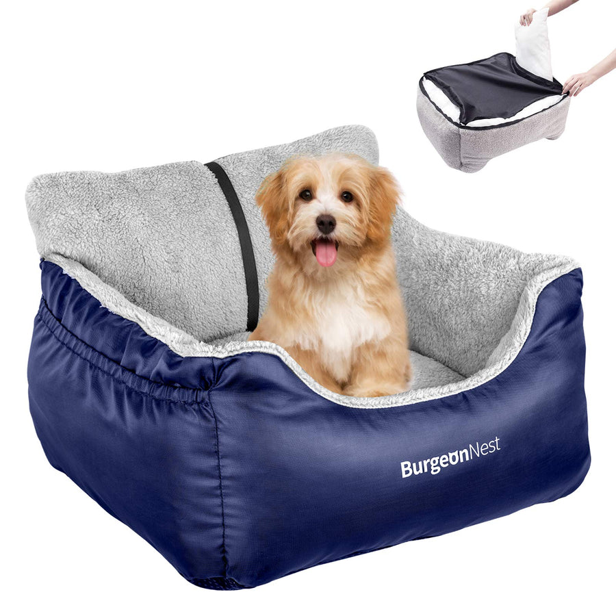 Dog Car Seat for Small Dogs, Fully Detachable and Washable Cat Carseats Under 25 lbs, Soft Pet Booster Seats with Storage Pockets and Clip-On Leash Portable Car Travel Carrier Bed, Blue