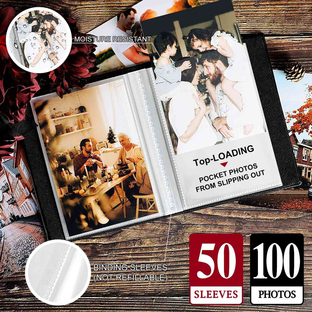 Photo Album 4x6 100 Pockets 2 Packs, Small Mini Capacity Leather Photo Albums, Each Pack Holds 100 Top Loader Vertical Only Pictures Black