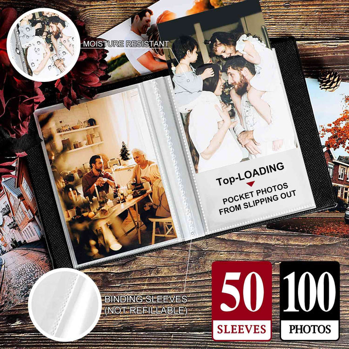 Photo Album 4x6 100 Pockets 2 Packs, Small Mini Capacity Leather Photo Albums, Each Pack Holds 100 Top Loader Vertical Only Pictures Black