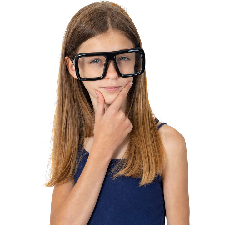 Black Oversized Thick Glasses – Shiny Square Frame Old Man Nerd Costume Accessory Clear Lens Spectacles for Adults and Teens