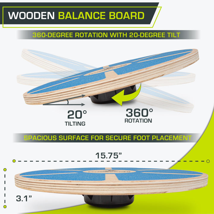 Wooden Balance Board Non-Slip Wobble Core Trainer 15.75in (39.5cm) Diameter with 360 Rotation for Stability Training, Full Body Exercises, Physical Therapy
