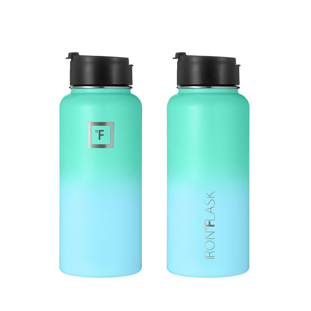 Camping & Hiking Hydration Flask, Wide Mouth, 3 Straw Lids, Stainless Steel Outdoor Water Bottle, Double Walled, Insulated Thermos, Metal Canteen - Sky, 32 Oz