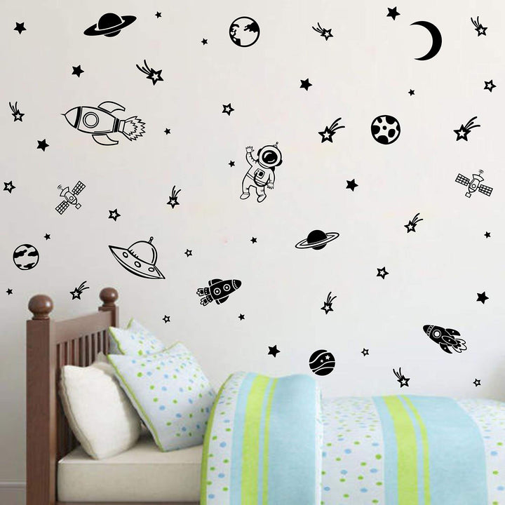 Outer Space Wall Decals for Boys Bedroom Decoration Rockets Planets Stars Wall Stickers Removable Wall Decor for Baby Kids Room (33) (Black)