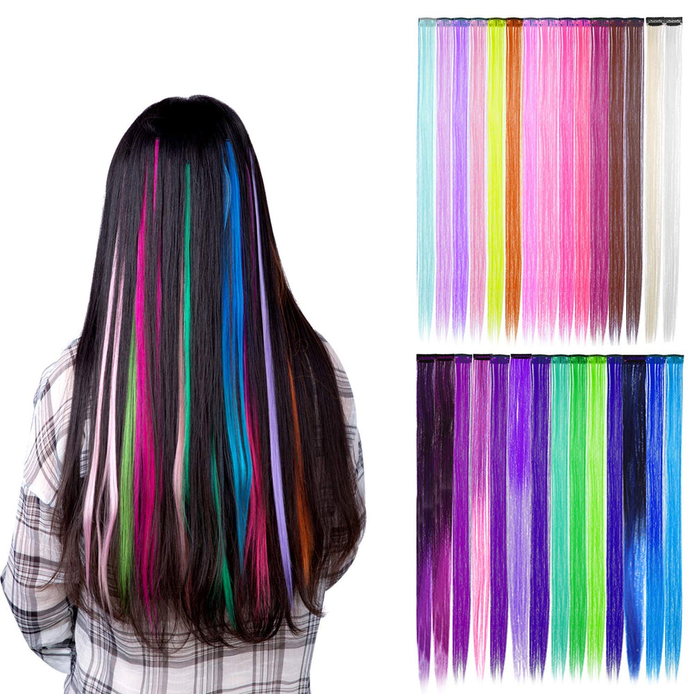 30 Pieces Colorful Party Highlights Clip in Hair Extensions, Straight Long Hairpiece, Heat Resistant Synthetic Hair Accessories, 21.6 Inch