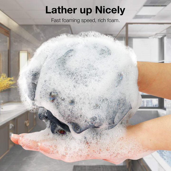 Bath Shower Loofah Sponge 60g Bath Mesh Pouf Shower Ball Body Scrubber Exfoliating Bath Sponge for Women and Men, Set of 4, Drak Grey-Pink-Grey-White