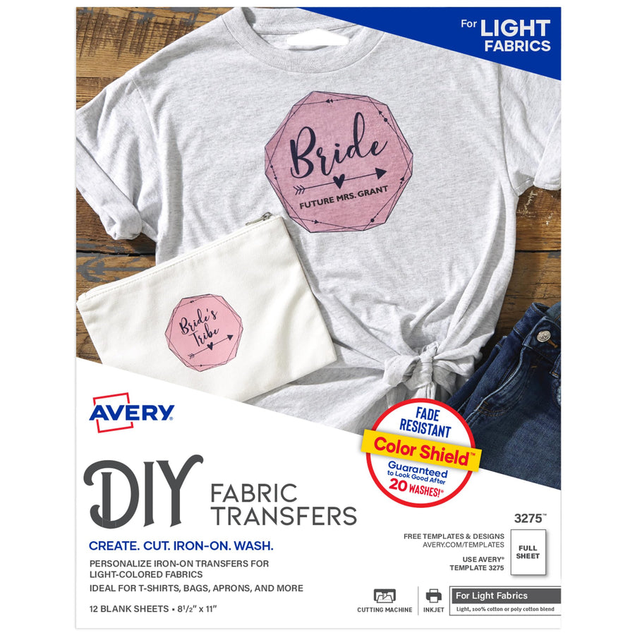 Avery Printable Heat Transfer Paper for Light Fabrics, 8.5 x 11, Inkjet Printer, 12 Iron On Transfers (3275)